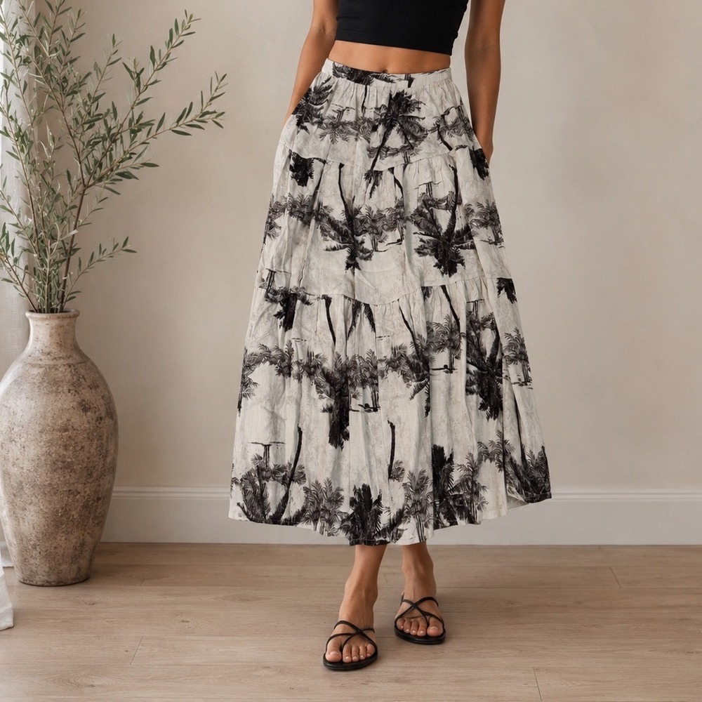Cal Style Palm Tree Toile Tiered Linen Blend Maxi Skirt Boho Tropical Cream M aa